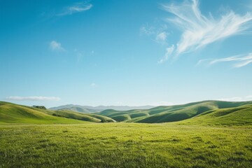 Obraz premium Grassy field with mountains in the background under clear skies, A serene landscape with rolling hills and a clear blue sky