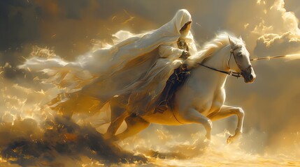 The First of the Four Horsemen of the Apocalypse, Riding a White Horse as a Symbol of Conquest. Bible illustration from the Book of Revelation