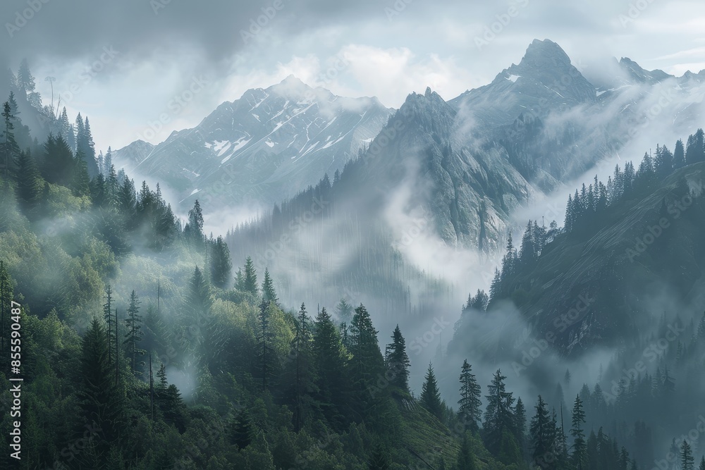 Poster a mountain range covered in fog and clouds, creating a mysterious and atmospheric scene, a serene mo