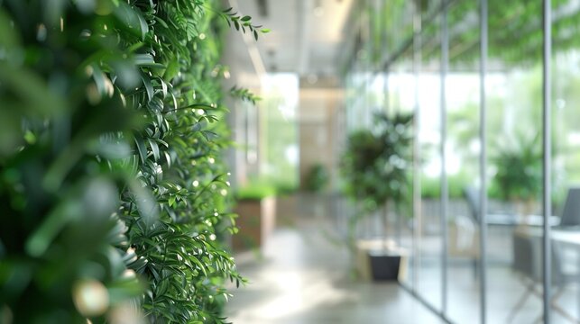 Concept of a green office space, captured with a blurred effect to highlight the serene and peaceful environment