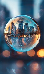 Close-up view of a soap bubble reflecting a cityscape, showcasing vibrant colors and intricate details