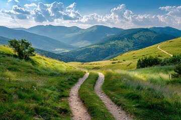 Obraz premium A dirt road winds through a lush green valley surrounded by mountains, A serene mountain landscape with a winding trail leading into the distance