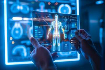 A doctor carefully examines a virtual x-ray projection with focused attention. The integration of advanced technology in medical diagnostics. Generative AI.