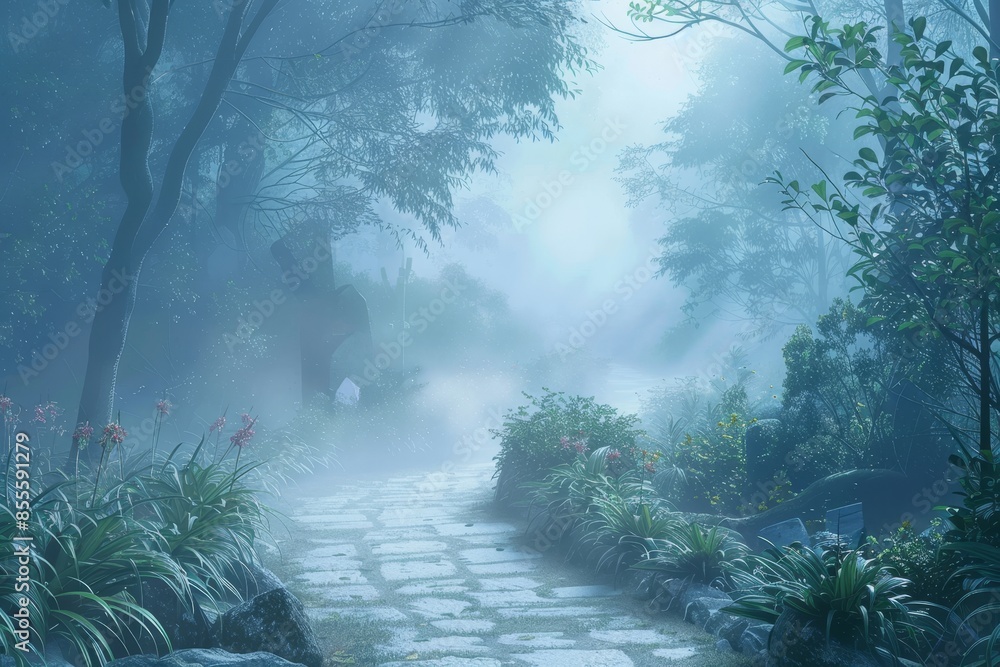 Poster a path covered in fog winds through a dense forest, a serene pathway leading through a misty forest