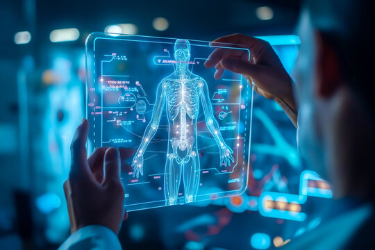 A doctor carefully examines a virtual x-ray projection with focused attention. The integration of advanced technology in medical diagnostics. Generative AI.