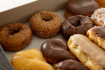 A view of a box of donuts.