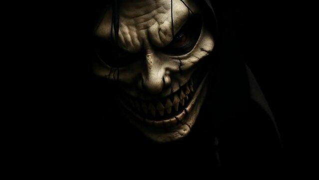 A Scary Horror Theme Person Wearing a Grinning Mask Immersed in Darkness