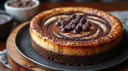 A decadent chocolate swirl cheesecake, rich layers of chocolate and cream cheese, intricate swirl design, elegant presentation on a dark plate, hd quality, natural style, soft lighting, sharp focus 