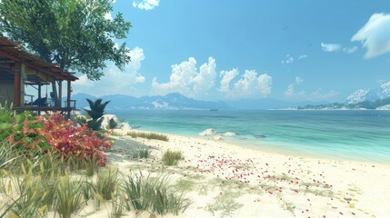 Fototapeta premium Elevated beach house lounge captures sky-sea horizon beautifully