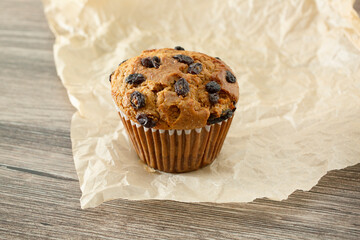 A view of a raisin muffin.