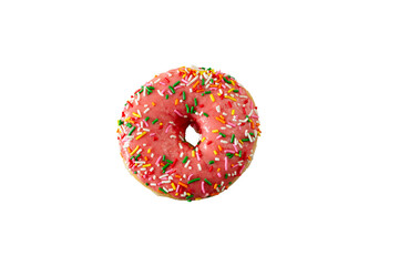 A top down view of a raised donut, featuring pink frosting and rainbow sprinkles.