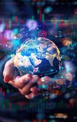 Fototapeta premium Globe resting in hands surrounded by currency symbols concept focus on symbols, vibrant, Multilayer financial district