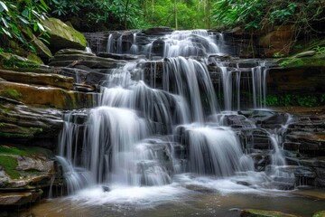 Fototapeta premium A small waterfall flows down moss-covered rocks in the middle of a dense forest setting, A serene waterfall cascading down moss-covered rocks