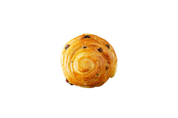 A top down view of a spiral raisin roll, against a white background.