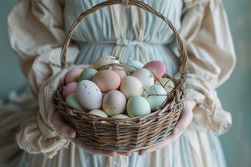 A woman holding a basket filled with eggs, showcasing a traditional harvest scene, A serene woman gently cradling a wicker Easter basket overflowing with pastel-colored eggs