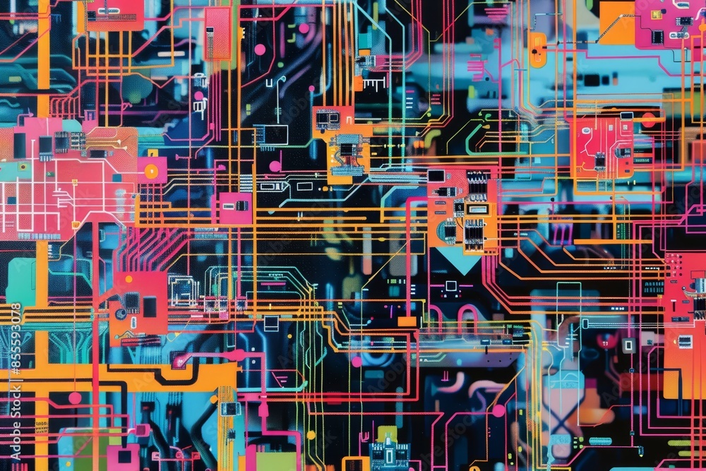 Poster colorful background featuring intricate lines and shapes in a dynamic composition, a series of compl