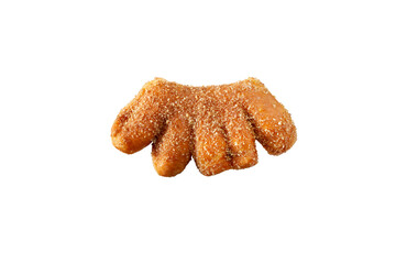 A top down view of a bear claw donut, against a white background.