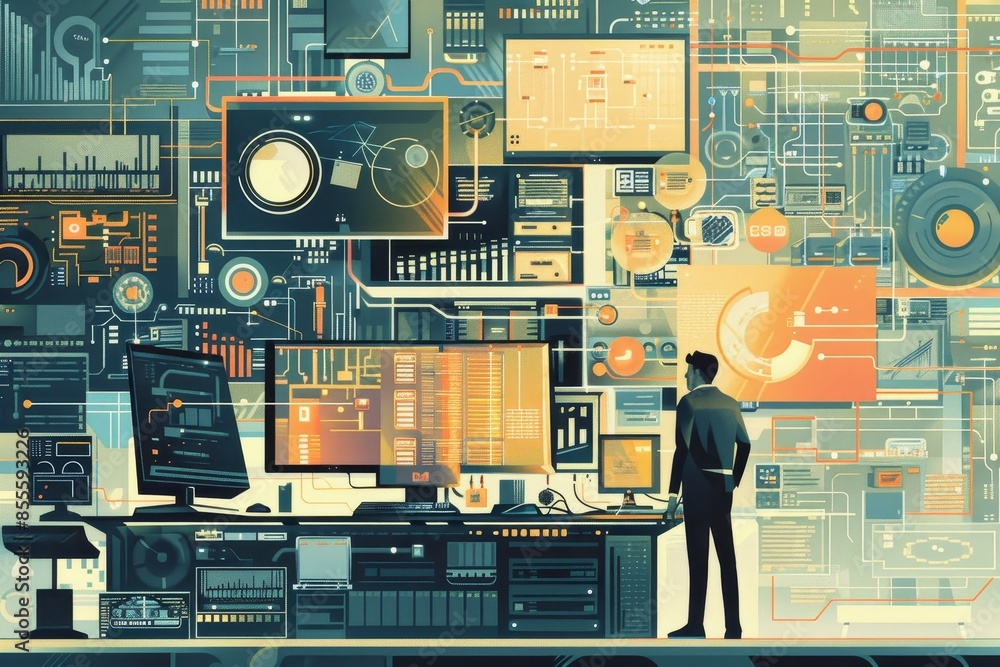 Poster a man standing upright in front of a computer screen, focusing on the digital display, a series of d