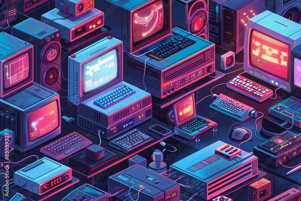 Poster numerous computer devices and peripherals fill a room, creating a tech-filled environment, a series 