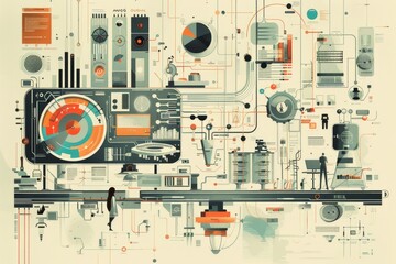 A poster featuring numerous different items, from plants and animals to architecture and technology, A series of digital illustrations portraying the evolution of technology in business