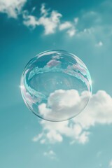 A serene scene of a single large bubble gently drifting against a backdrop of clear blue sky, symbolizing tranquility and simplicity in nature
