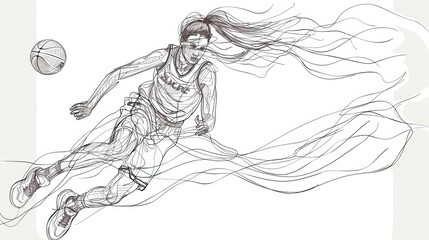 Continuous single one line drawing of basketball woman player