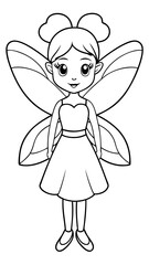 Black and white cartoon drawing of a fairy with wings, dress, hair, and face