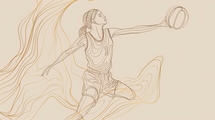 Continuous single one line drawing of basketball woman player