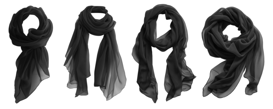 Set of black chiffon silk silky flowy soft scarf shawl wrap, front and flat lay view on transparent cutout PNG file. Many different angle. Mockup template for artwork design