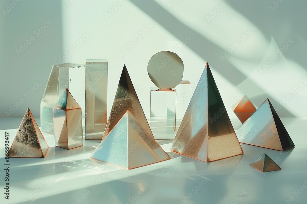 Aufkleber group of geometric shapes arranged neatly on a table surface, a series of geometric shapes represent