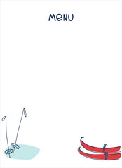 Cafe winter menu design with place for your text. Dessert menu template. Street food menu decorated with hand drawn image of the skiing