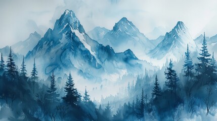 watercolor painting of foggy mountains, blue color, cinematic, landscape scene