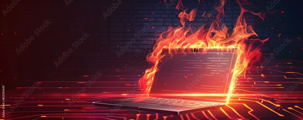 Poster firewall blocking malicious code with intense digital energy and flames