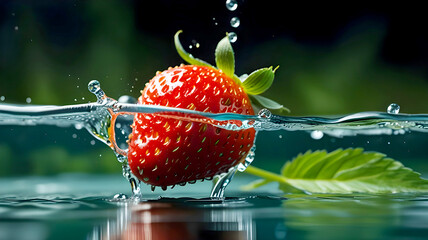 Water Splash fresh Strawberry with green leaves, clear reflecting 4k image