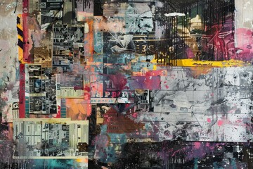 A painting showcasing a variety of colors and shapes merged together in an abstract composition, A series of mixed media artworks exploring the intersection of art and commerce