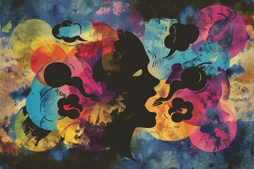 A depiction of a couple in a romantic embrace, kissing each other, A series of overlapping speech bubbles with conflicting thoughts and emotions