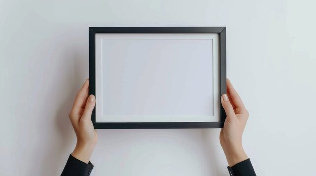 Black photo frame mockup held by woman s hands on white background for frames and posters design Size A4 with copy space