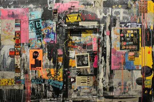 A wall covered in numerous graffiti designs and stickers creating a vibrant and chaotic urban art display, A series of mixed media artworks exploring the intersection of art and commerce