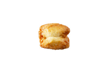 A top down view of a plain buttermilk donut, on a white background.
