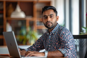 Indian man focused on working on his laptop, A serious-looking Indian man attending a virtual meeting with global team members