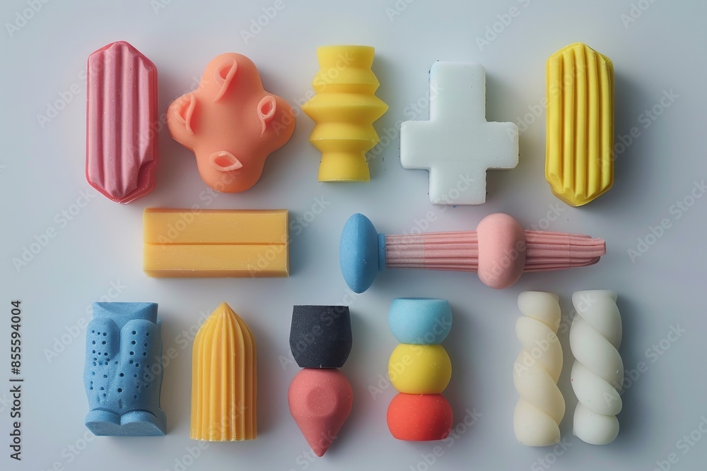 Aufkleber a variety of differently colored plastic objects are scattered across a white surface, a set of eras