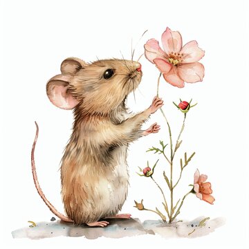 A mouse with flower watercolor clipart illustration on white background