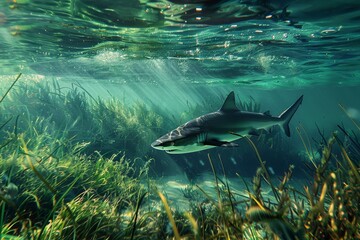 Fototapeta premium A shark effortlessly glides through the water in its natural ocean habitat, A shark blending seamlessly into its ocean environment