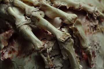 Naklejka premium Close up view of various bones laid out on a table, A shattered bone protruding from the skin