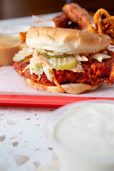A view of a Nashville chicken sandwich.