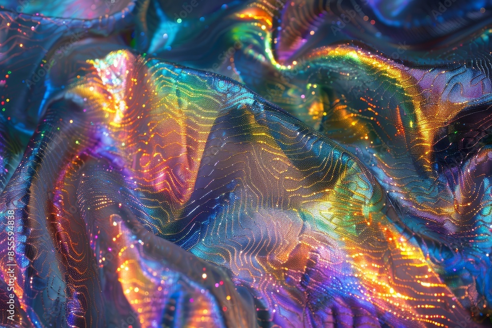 Poster a detailed view showcasing a dynamic and colorful pattern with a shimmering iridescent texture that 