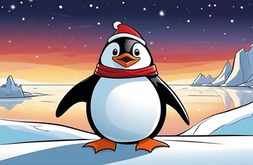 Cartoon illustration, penguin in Santa Claus hat, scarf stands against background of night sky and landscape of Arctic nature with iceberg, snowy mountains and ice, Christmas, New Year greeting card