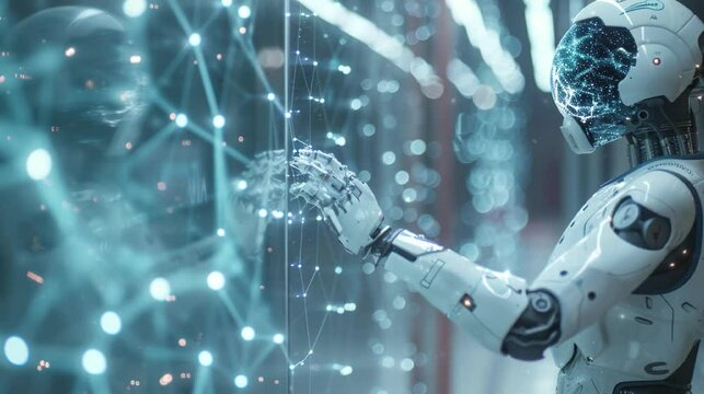 Futuristic footage showcasing artificial intelligence, with dynamic scenes of robots performing tasks, advanced neural networks visualizations, and smart devices interacting seamlessly with humans