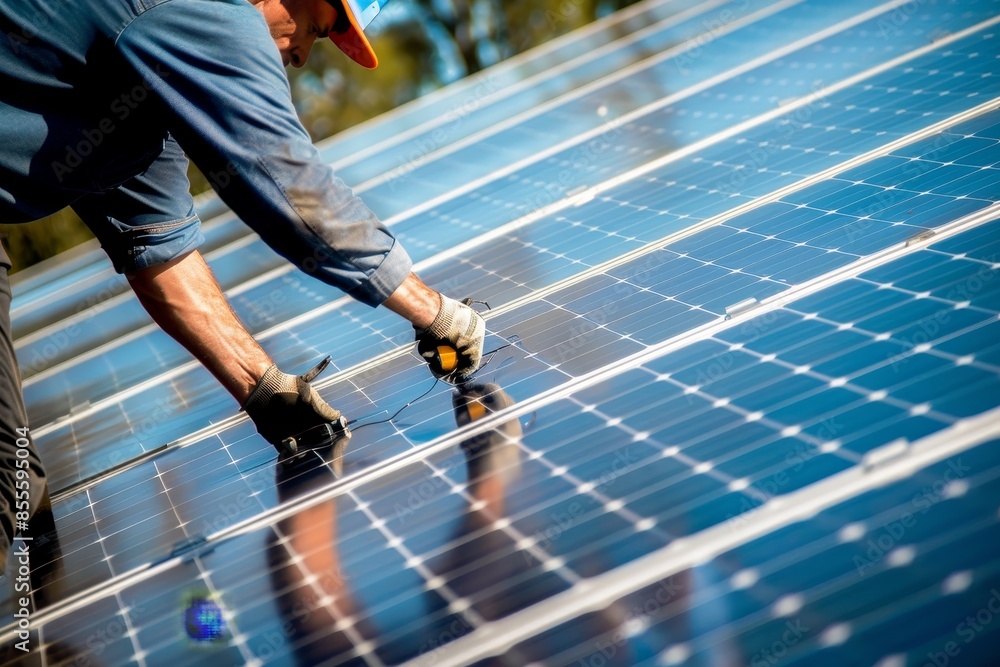 Poster a man is busy installing a new shiny solar panel, a shiny new solar panel being installed to replace