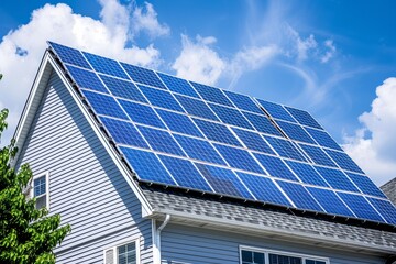 Fototapeta premium A house undergoing a solar panel installation on the roof, A shiny new solar panel being installed to replace a damaged one